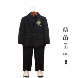 Kids Elegant Blue Suit Set Boys 5Pieces Jacket Vest Pants Bowtie Brooch Formal Wedding Birthday Performance Photograpy Outfit