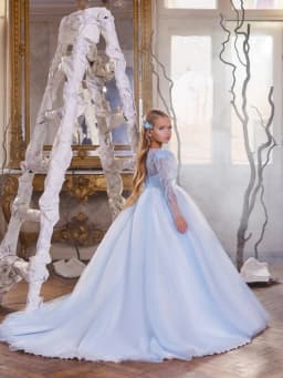Light Blue Luxurious Beaded Girls Evening Dresses Birthday Party Wear Graceful Cute Oneck Long Sleeve Princess Gown For Kids