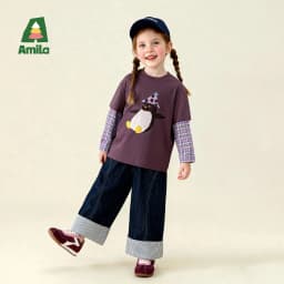 Amila 2026 Spring Children's Vacation Two Piece T-Shirt With Plaid Long Sleeved Patchwork Design, Casual And Fashionable