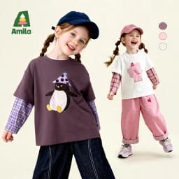 Amila 2026 Spring Children's Vacation Two Piece T-Shirt With Plaid Long Sleeved Patchwork Design, Casual And Fashionable