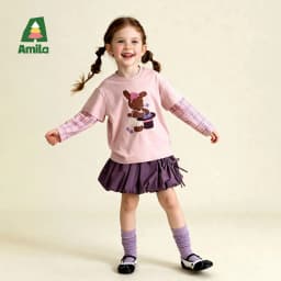Amila 2026 Spring Children's Vacation Two Piece T-Shirt With Plaid Long Sleeved Patchwork Design, Casual And Fashionable
