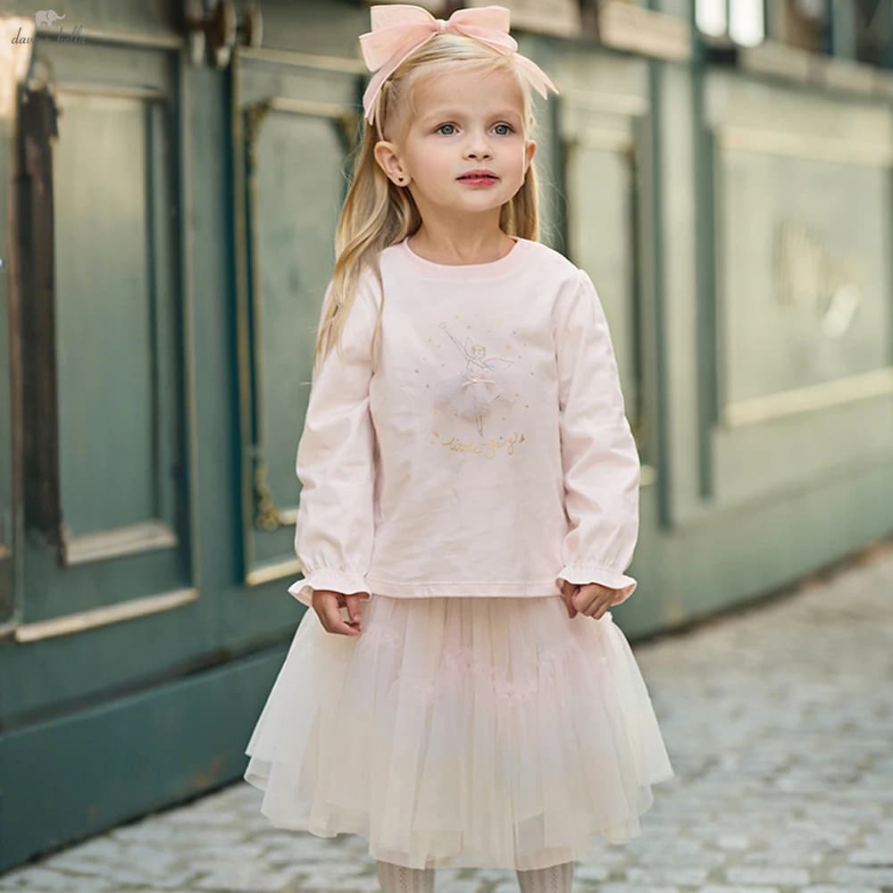 Dave Bella Children Girls T-shirt Mesh Skirt Set Baby Print Long Sleeve T-shirt Skirt Two Piece Set Party Cute Clothes DB1260998