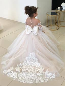 Flower Girl Dress with Lace Embroidery and Tulle Long Sleeves Children's Trailing Train Gown