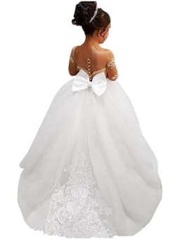 Flower Girl Dress with Lace Embroidery and Tulle Long Sleeves Children's Trailing Train Gown