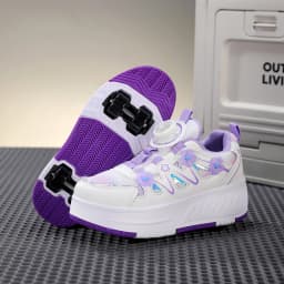Kids Girls 4 Wheels Roller Skate Shoes Breathable Mesh Flower Rotary Buckle Walk & Roll Casual Sneakers