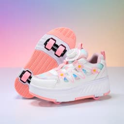 Kids Girls 4 Wheels Roller Skate Shoes Breathable Mesh Flower Rotary Buckle Walk & Roll Casual Sneakers