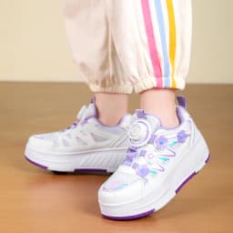 Kids Girls 4 Wheels Roller Skate Shoes Breathable Mesh Flower Rotary Buckle Walk & Roll Casual Sneakers