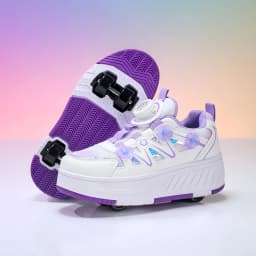 Kids Girls 4 Wheels Roller Skate Shoes Breathable Mesh Flower Rotary Buckle Walk & Roll Casual Sneakers