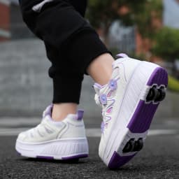 Kids Girls 4 Wheels Roller Skate Shoes Breathable Mesh Flower Rotary Buckle Walk & Roll Casual Sneakers