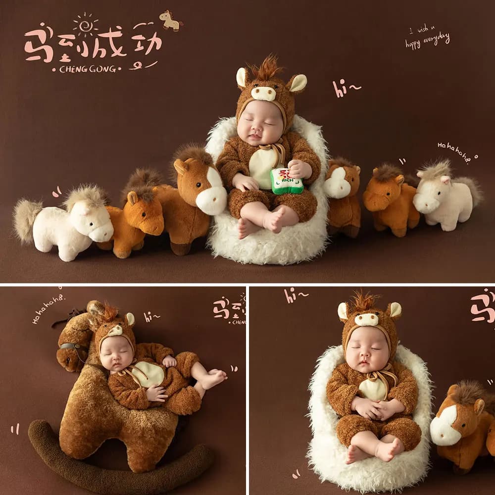 0-1 Month Cute Newborn Photography Props Cartoon Horse Theme Style Baby Outfits with Matching Horse Doll for Baby Posing