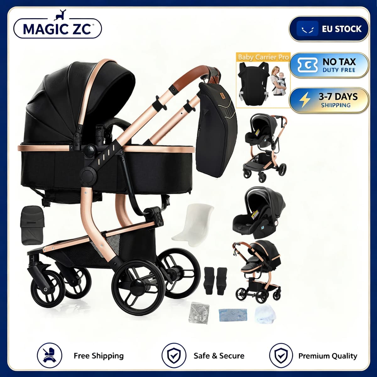 3-in-1 pushchair for baby, lightweight pushchair for newborns, 3-in-1 travel stroller, four-wheel pushchair for baby, lightweight baby carriage, baby trolley