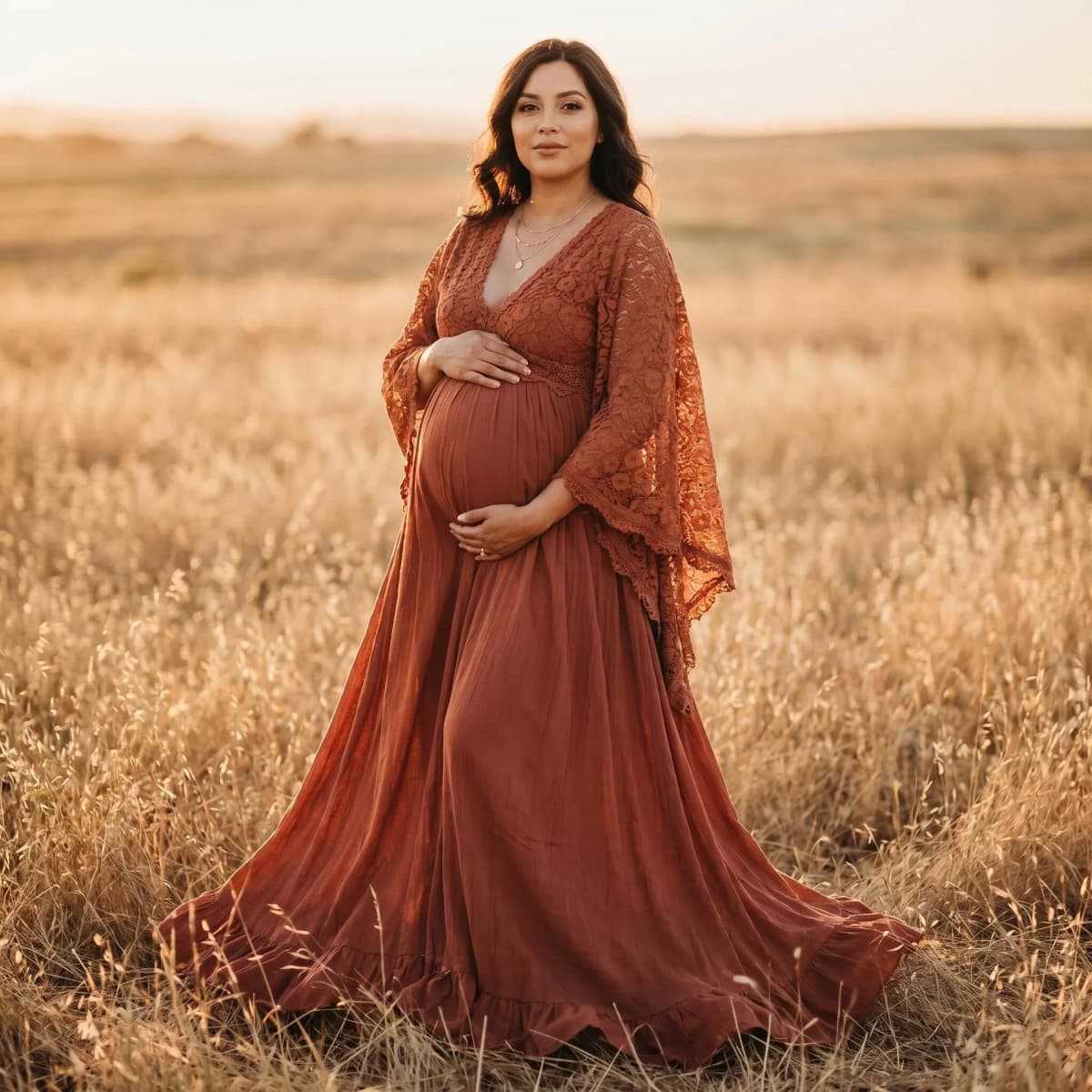 Rust Lace Tassels Boho Pregnant Women Photography Props Dresses Bohemian Style Maternity Long Dress For Photo Shoot