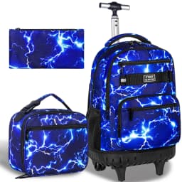 3Pcs Blue Lightning Soccer Wheeled Backpack Set Kids Trolley School Bag with Lunch Box