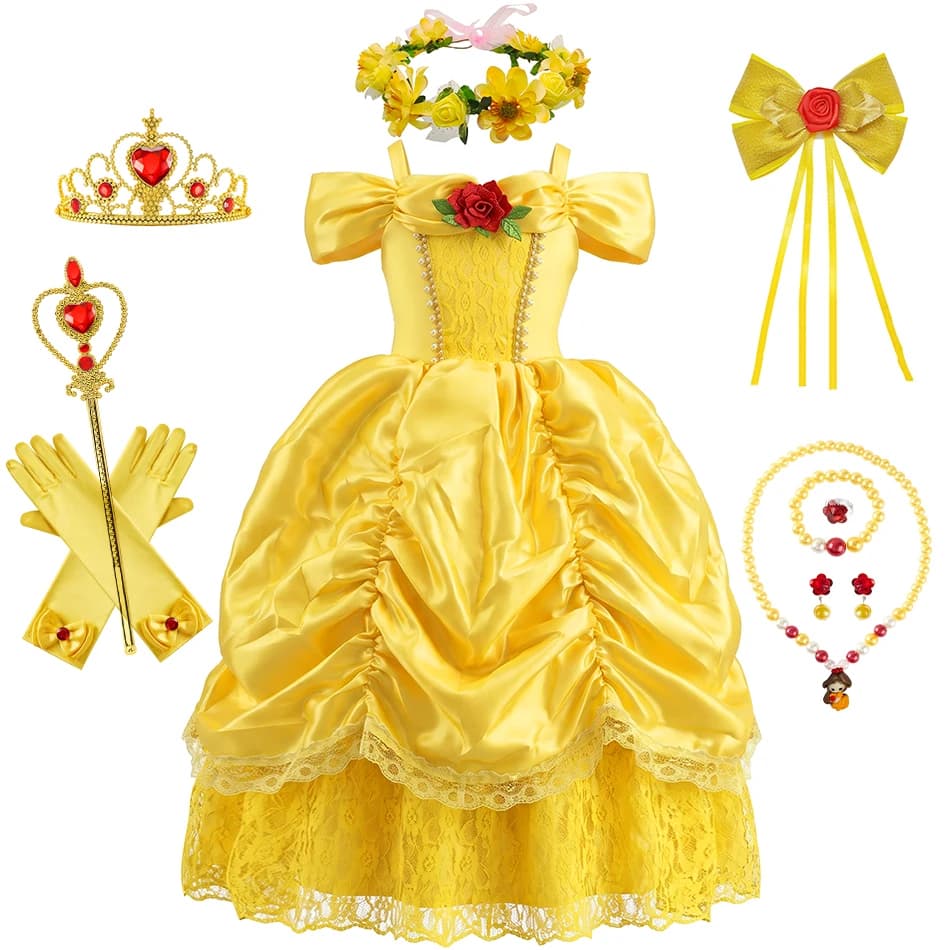 Belle Princess Dress For Girls Halloween Cosplay Costume Children Stage Performance Outfits Kids Yellow Lace Luxury Frocks