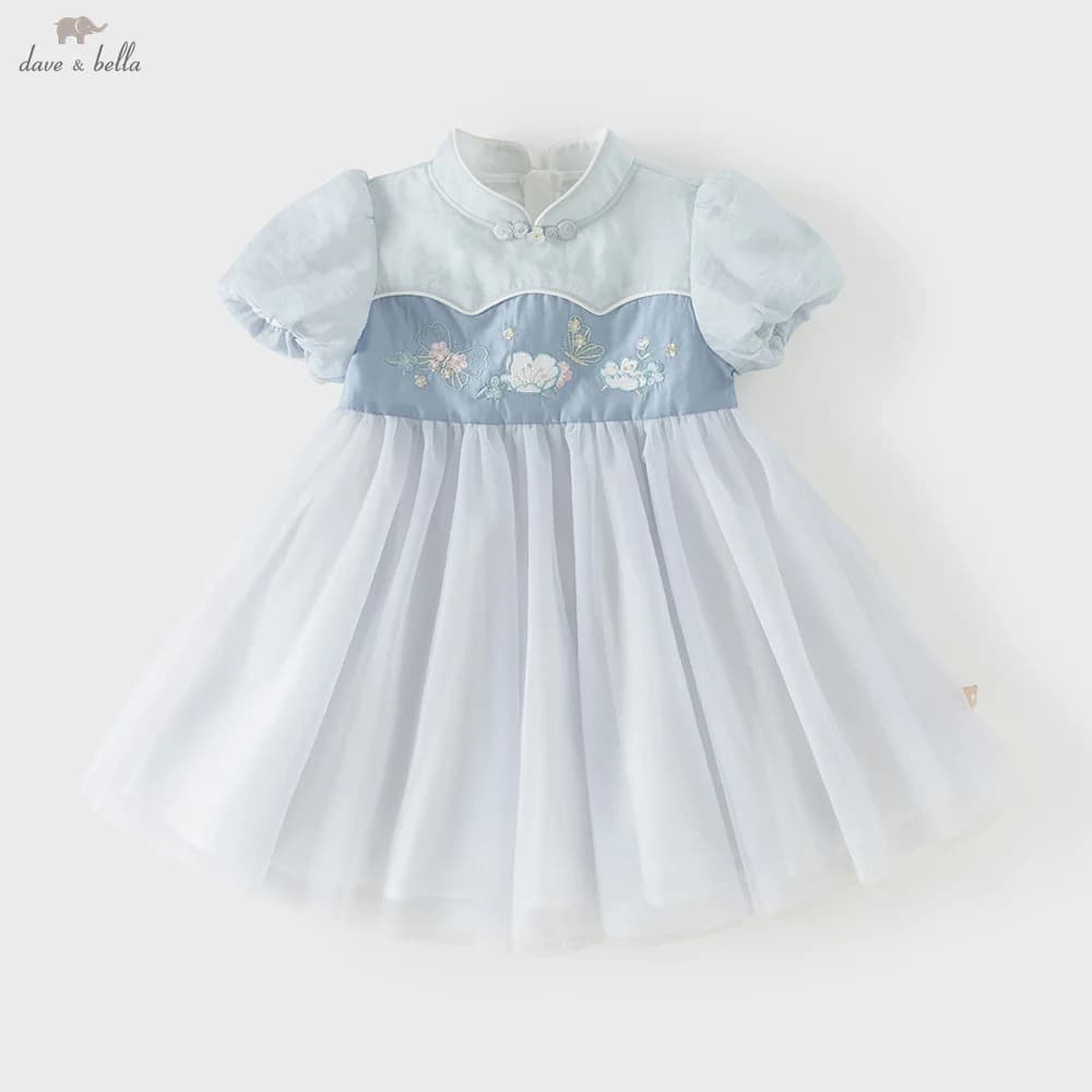 Dave Bella Children Dresses Cool Girls Mesh Summer Dress Fashion Casual Short Sleeves Elegant Comfort Party Charm Blue DB2261620