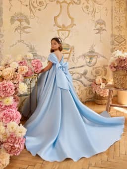 Kids Light Blue Bow Satin Long Princess Gown For School Activities Girls Off Shoulder A-line Dresses Birthday Party Outfit