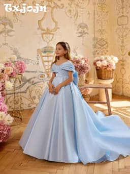 Kids Light Blue Bow Satin Long Princess Gown For School Activities Girls Off Shoulder A-line Dresses Birthday Party Outfit