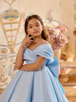 Kids Light Blue Bow Satin Long Princess Gown For School Activities Girls Off Shoulder A-line Dresses Birthday Party Outfit
