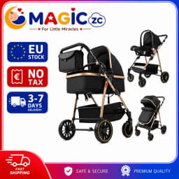 Baby Stroller 3 in 1 Travel System for Newborn Baby Carriage Pram Baby Cart Lightweight Buggy with Carrycot Car Seat Foldable Reversible Seat Adjustable Handle Shock Absorption EVA Wheels Pushchair Bassinet Storage Basket Accessories 0-36 Months