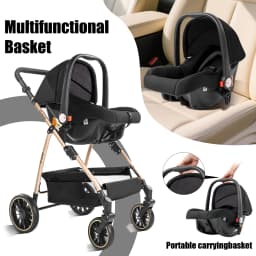 Baby Stroller 3 in 1 Travel System for Newborn Baby Carriage Pram Baby Cart Lightweight Buggy with Carrycot Car Seat Foldable Reversible Seat Adjustable Handle Shock Absorption EVA Wheels Pushchair Bassinet Storage Basket Accessories 0-36 Months