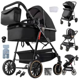 Baby Stroller 3 in 1 Travel System for Newborn Baby Carriage Pram Baby Cart Lightweight Buggy with Carrycot Car Seat Foldable Reversible Seat Adjustable Handle Shock Absorption EVA Wheels Pushchair Bassinet Storage Basket Accessories 0-36 Months