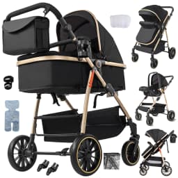 Baby Stroller 3 in 1 Travel System for Newborn Baby Carriage Pram Baby Cart Lightweight Buggy with Carrycot Car Seat Foldable Reversible Seat Adjustable Handle Shock Absorption EVA Wheels Pushchair Bassinet Storage Basket Accessories 0-36 Months