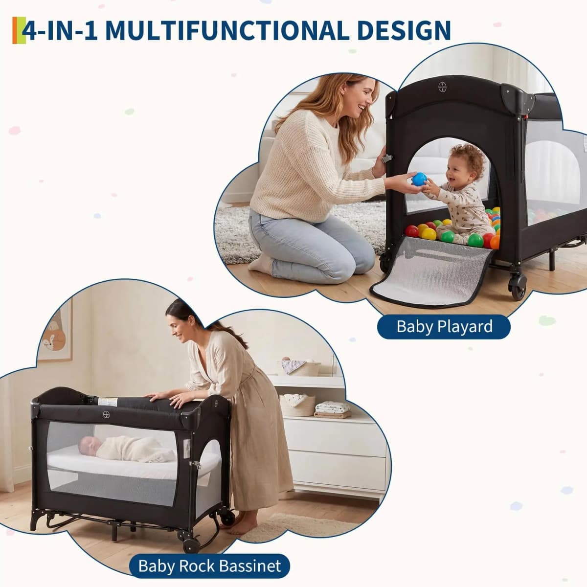 4-in-1 Baby Bassinet & Co-Sleeper with Changing Table & Playard, Khaki | Travel Cot | Inkl. Mattress, Storage Bag & Toy Hanger | For Newborns to Toddlers