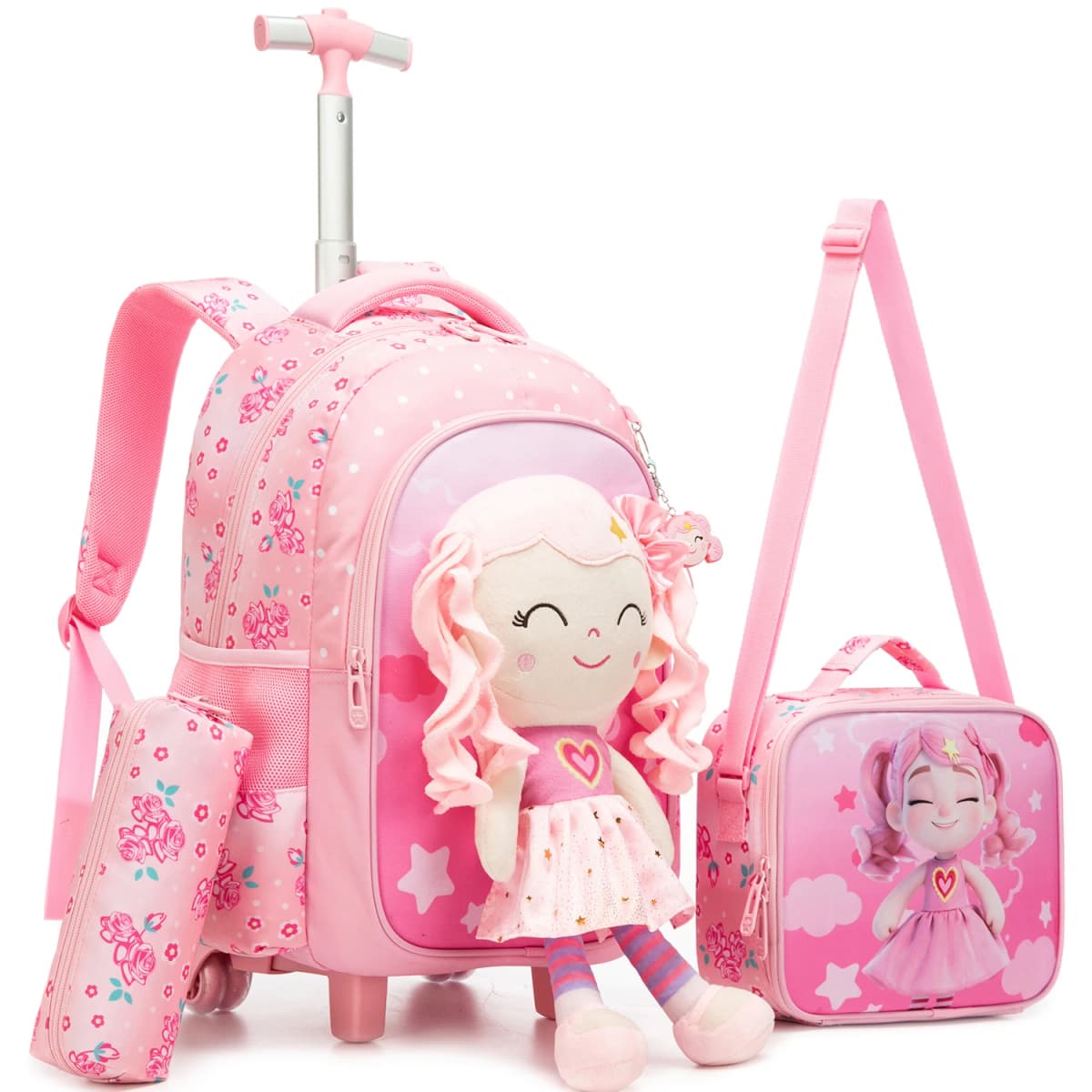 3 in 1 Backpack with Wheels for Girls Rolling Letter Backpack Cute Carry on Backpack Kids Luggage with Lunch Box Pencil Case