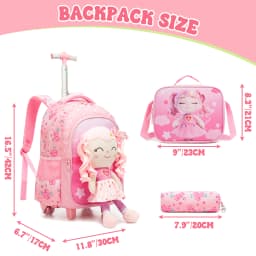 3 in 1 Backpack with Wheels for Girls Rolling Letter Backpack Cute Carry on Backpack Kids Luggage with Lunch Box Pencil Case