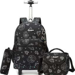 Girls 3D Plush Cat Rolling Backpack 3PCS Set - Trolley School Bag with Wheels, Insulated Lunch Bag and Pencil Pouch