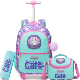 Girls 3D Plush Cat Rolling Backpack 3PCS Set - Trolley School Bag with Wheels, Insulated Lunch Bag and Pencil Pouch
