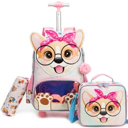 Backpack with Wheels for Girls Rolling Backpack Cute Carry on Backpack Kids Luggage with Lunch Box Pencil Case for Student