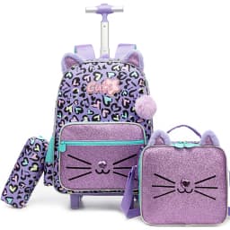 Backpack with Wheels for Girls Rolling Backpack Cute Carry on Backpack Kids Luggage with Lunch Box Pencil Case for Student