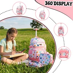 Rolling Backpacks for Kids Backpack for Girls with Lunch Bag Pencil Case 16.5" Kids Backpack with Wheels Roller Backpacks