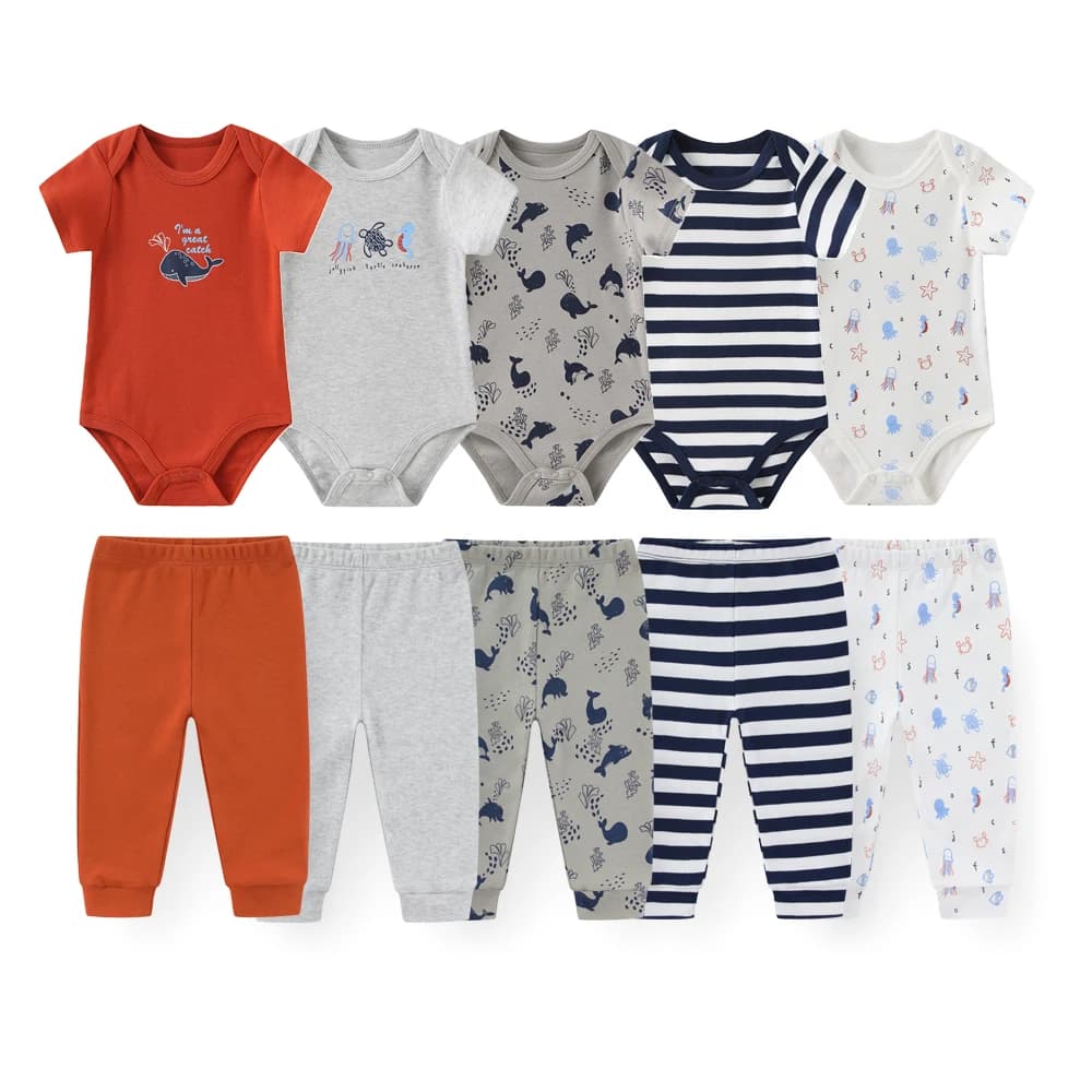 Cartoon Cute Unisex Baby 10-Piece Clothing Set Newborn Boy Girl Short Sleeve Bodysuits + Pants Four Seasons Infant Outfits