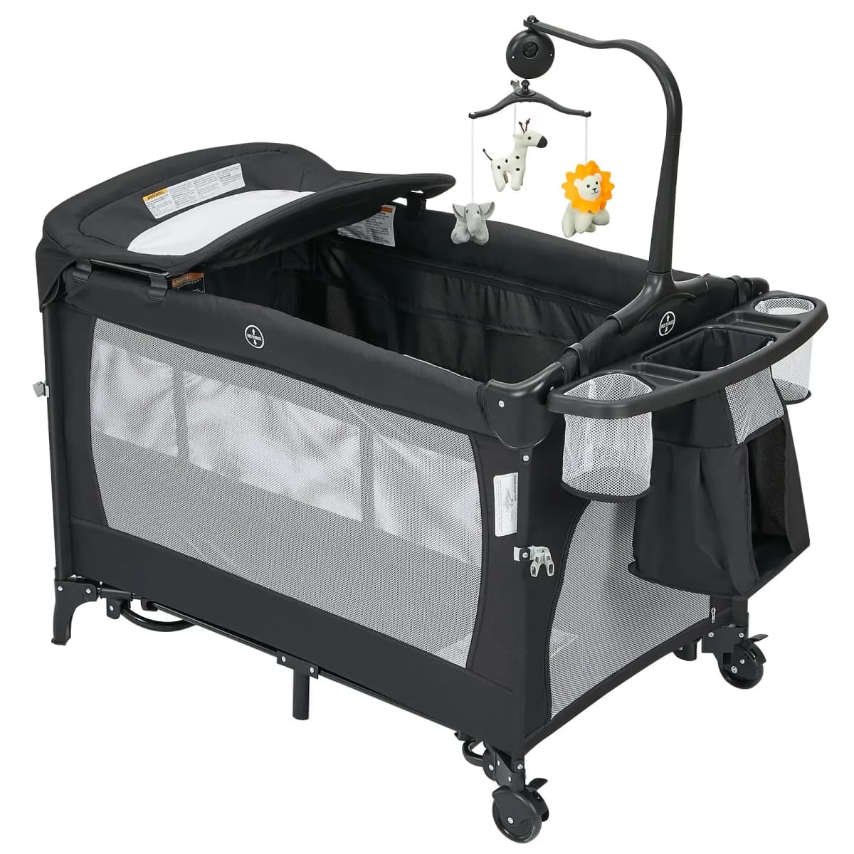 4-in-1 Multifunctional Baby Running Grille & Side bed Play Surface, Integrated Baby cradle, Changing table, Mattress, practical Storage s Bag & revolving game bow-proof playpen for Infants & toddlers