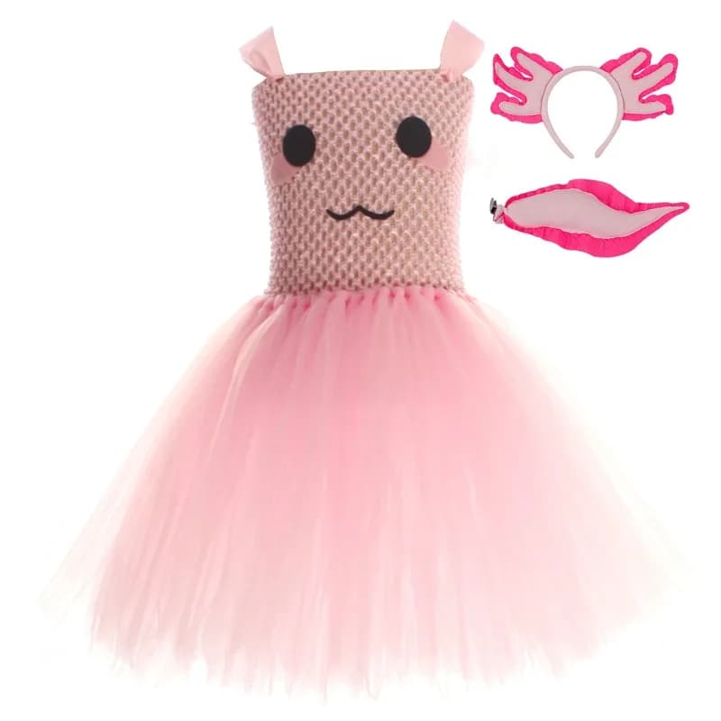 Cute Pink Axolotl Tulle Tutu Dress for Girls, Kids Cartoon Outfit for Stage Shows, Gorgeous Clothing for Halloween and Carnival