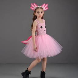 Cute Pink Axolotl Tulle Tutu Dress for Girls, Kids Cartoon Outfit for Stage Shows, Gorgeous Clothing for Halloween and Carnival