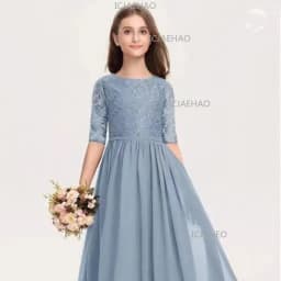 Kids Piano Long Stage Gown Guzheng Cello Performance Elegant Fashion Host Princess Dress Girls Summer Lace Short Sleeve Clothes