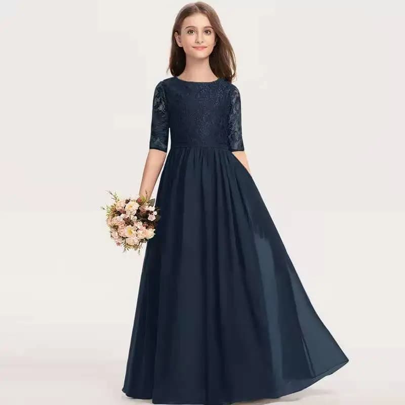 Kids Piano Long Stage Gown Guzheng Cello Performance Elegant Fashion Host Princess Dress Girls Summer Lace Short Sleeve Clothes