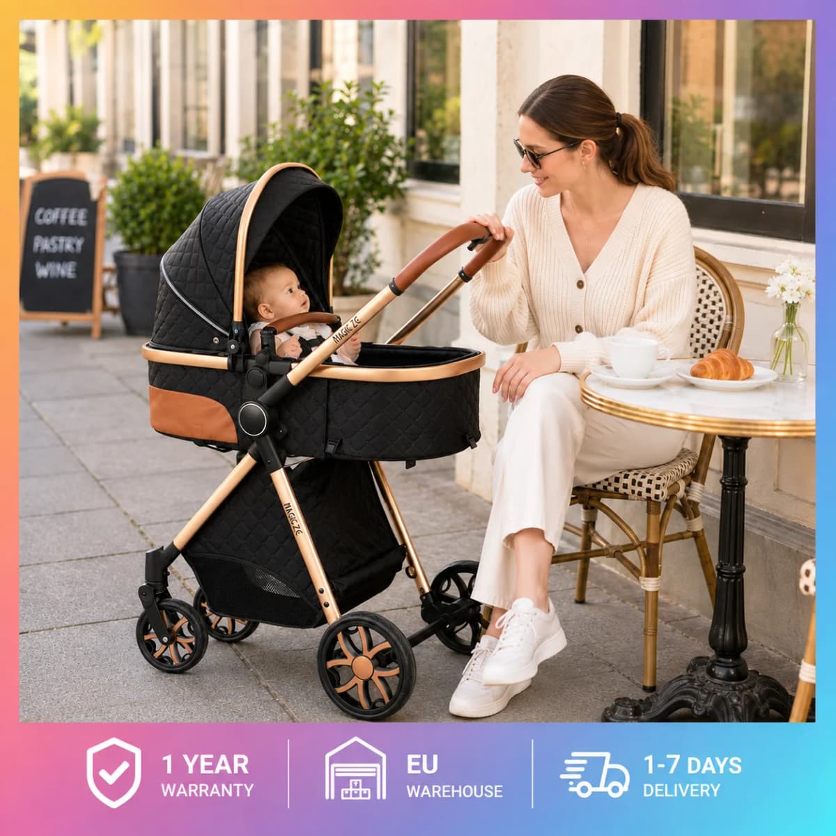 Luxury 3 in 1 Baby Stroller Set with 6 Free Gifts Mommy Bag Rain Cover Footrest Seat Cushion Portable Car Seat Reversible Sleeping Basket High Landscape Folding Newborn Infant Pushchair Shockproof Travel System Pram Set for 0-4 Years