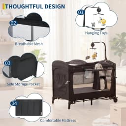 5-in-1 Baby Cot & Travel Bed Foldable – with Mattress, Rollers, Changing Table, Music Mobile, Breathable Network Windows, Height Adjustable, Foldable & Storage Bag