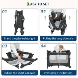 5-in-1 Baby Cot & Travel Bed Foldable – with Mattress, Rollers, Changing Table, Music Mobile, Breathable Network Windows, Height Adjustable, Foldable & Storage Bag
