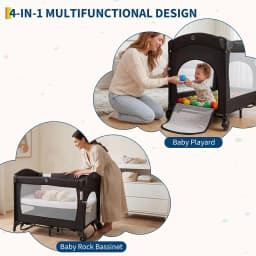 5-in-1 Baby Cot & Travel Bed Foldable – with Mattress, Rollers, Changing Table, Music Mobile, Breathable Network Windows, Height Adjustable, Foldable & Storage Bag
