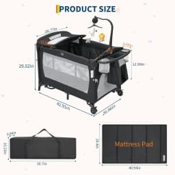 5-in-1 Baby Cot & Travel Bed Foldable – with Mattress, Rollers, Changing Table, Music Mobile, Breathable Network Windows, Height Adjustable, Foldable & Storage Bag