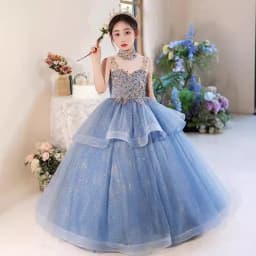 Blue Halter Sleeveless Girls' Dress Luxurious Niche Flower Girl Performance Dress Children's Birthday Puffy Tulle Princess Dress