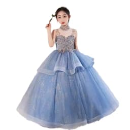Blue Halter Sleeveless Girls' Dress Luxurious Niche Flower Girl Performance Dress Children's Birthday Puffy Tulle Princess Dress