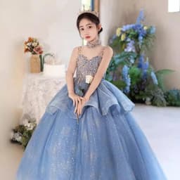 Blue Halter Sleeveless Girls' Dress Luxurious Niche Flower Girl Performance Dress Children's Birthday Puffy Tulle Princess Dress