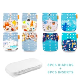 HappyFlute 8 diapers+8 Inserts Baby Cloth Diapers One Size Adjustable Washable Reusable Cloth Nappy For Baby Girls and Boys