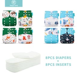 HappyFlute 8 diapers+8 Inserts Baby Cloth Diapers One Size Adjustable Washable Reusable Cloth Nappy For Baby Girls and Boys